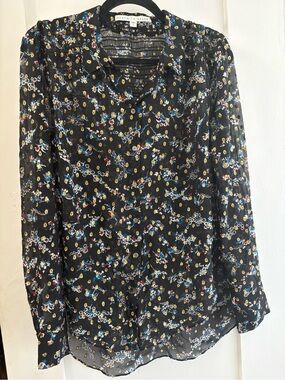 Veronica Beard 100% Silk Metallic Floral Sheer Button Front Blouse Size 8